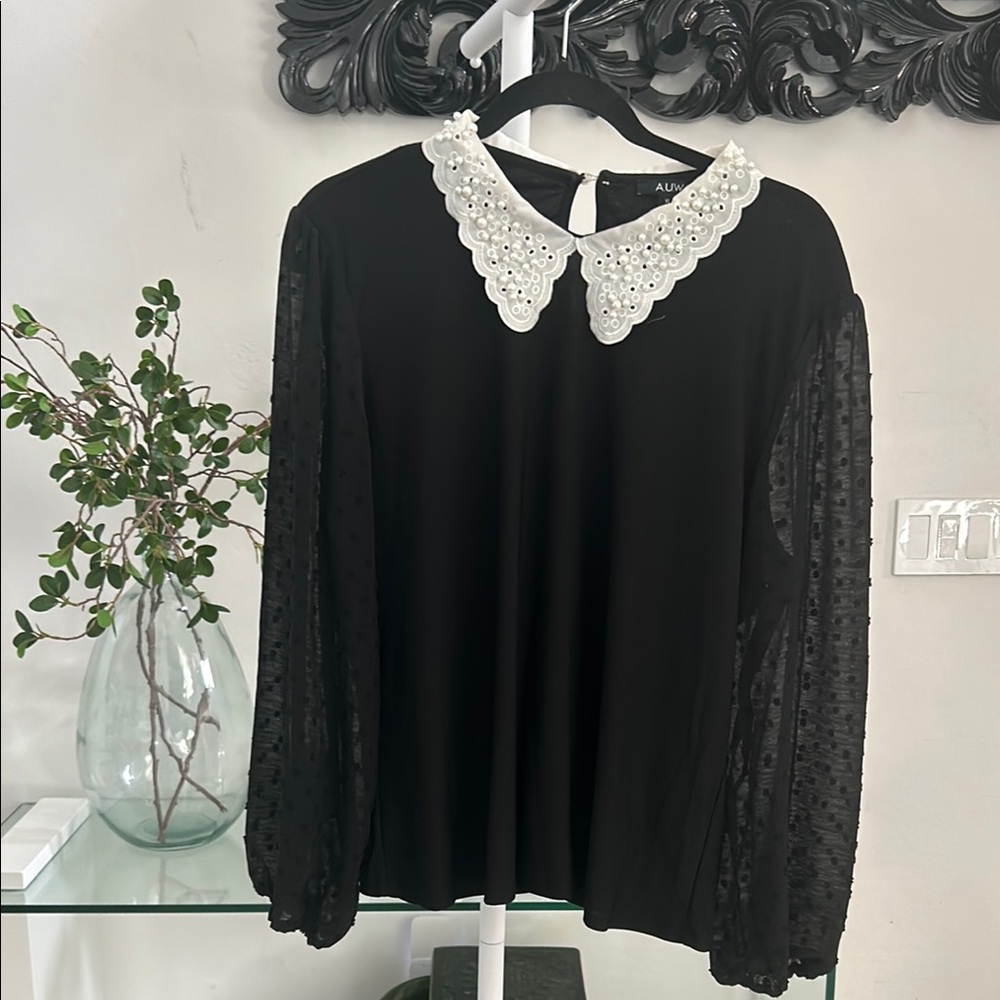 A.L.C. Black Blouse with White Embellished Peter Pan Collar